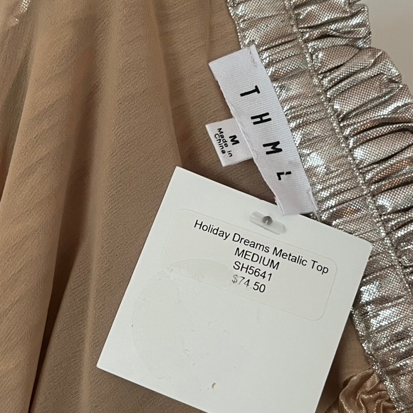 THML gold pleated holiday Christmas party women's shirt metallic shimmer top NEW - Picture 12 of 16